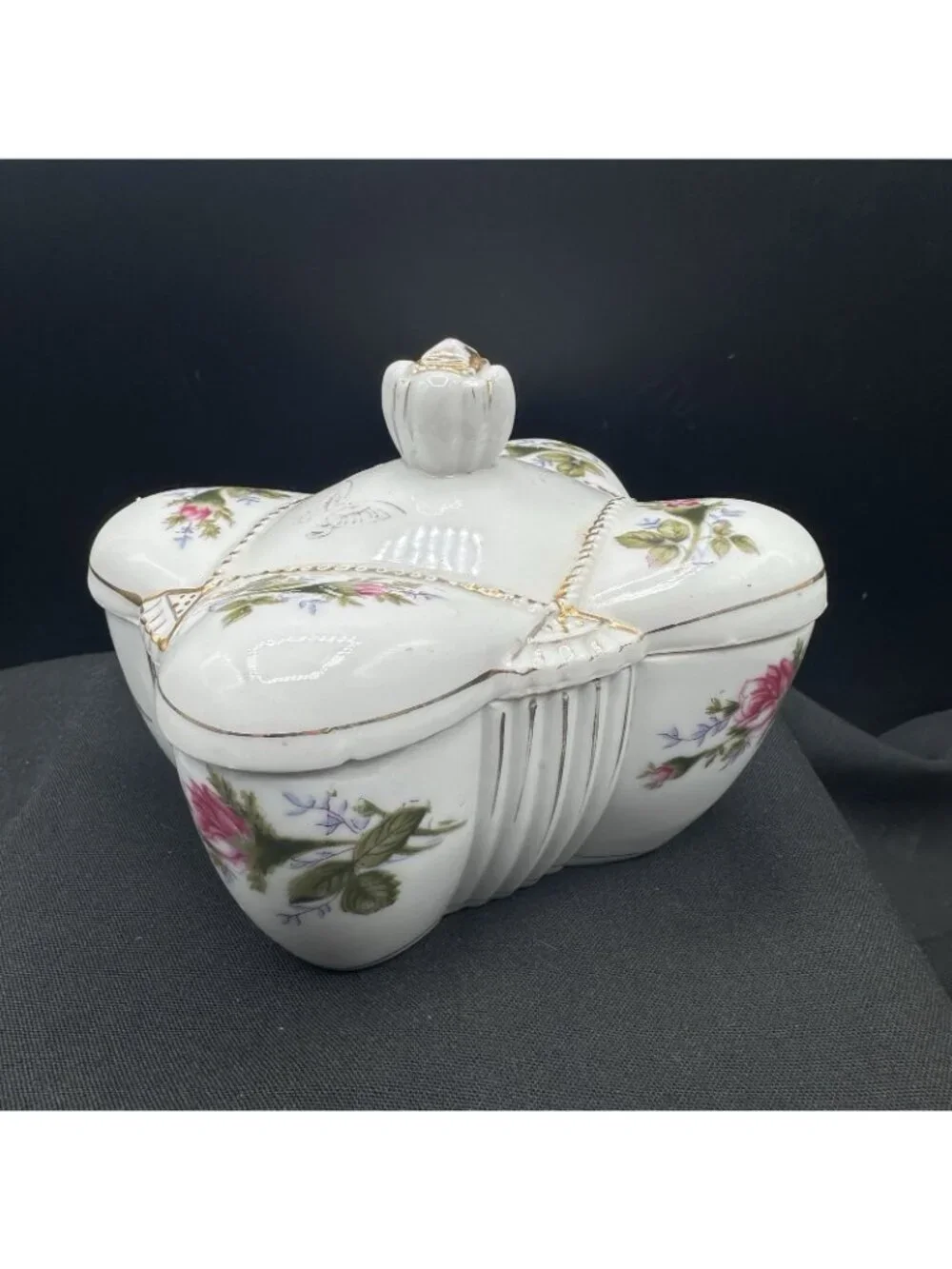 Vintage Japan Porcelain Trinket Box Pink Roses Gold Trim Footed Lidded Floral